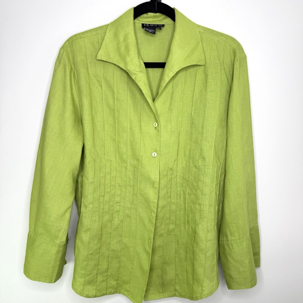 Vintage Tracy M Linen Blouse‎ Size XL Lagenlook Style Bell Sleeves Green